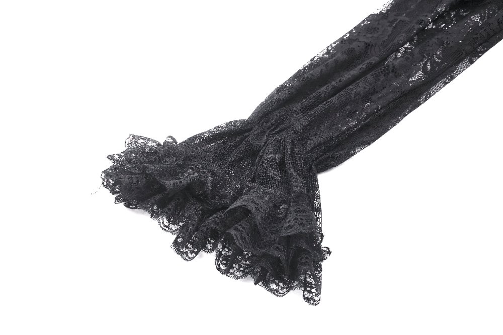 Black gothic lace fabric showcasing intricate ruffles and detailing perfect for elegant dress designs.