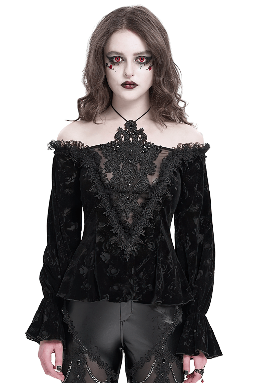 Gothic lace off-shoulder top with mesh and floral details, designed for alternative fashion with a dramatic flair.