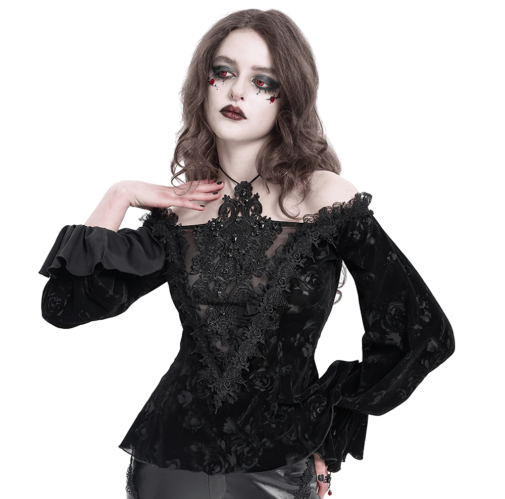 Gothic lace off-shoulder top with mesh and floral details, perfect for alternative fashion and dramatic looks.