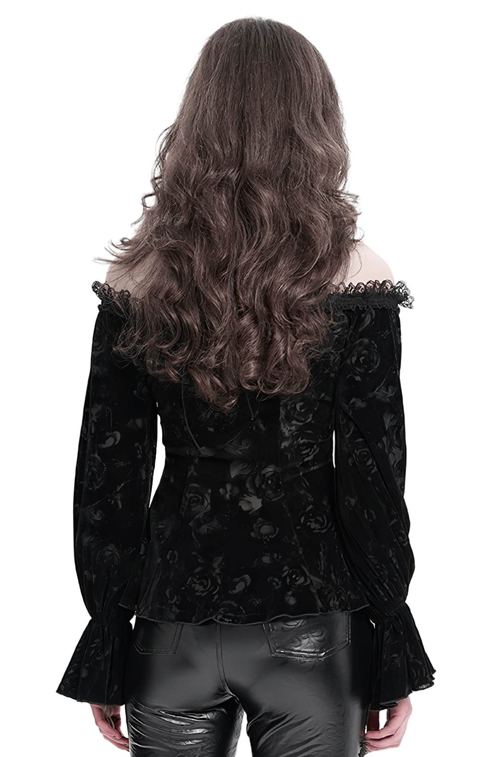 Back view of elegant black gothic off-shoulder top with flared sleeves and floral lace details.