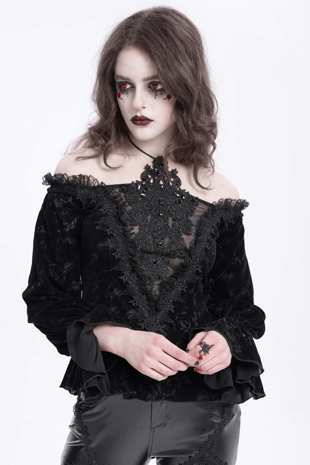 Gothic Lace Off-Shoulder Top with Mesh and Floral Details