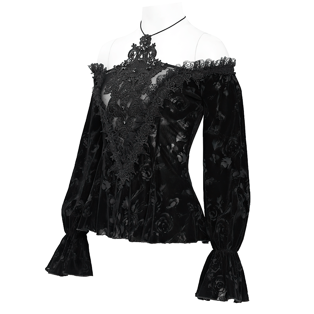 Gothic Lace Off-Shoulder Top with Mesh and Floral Details