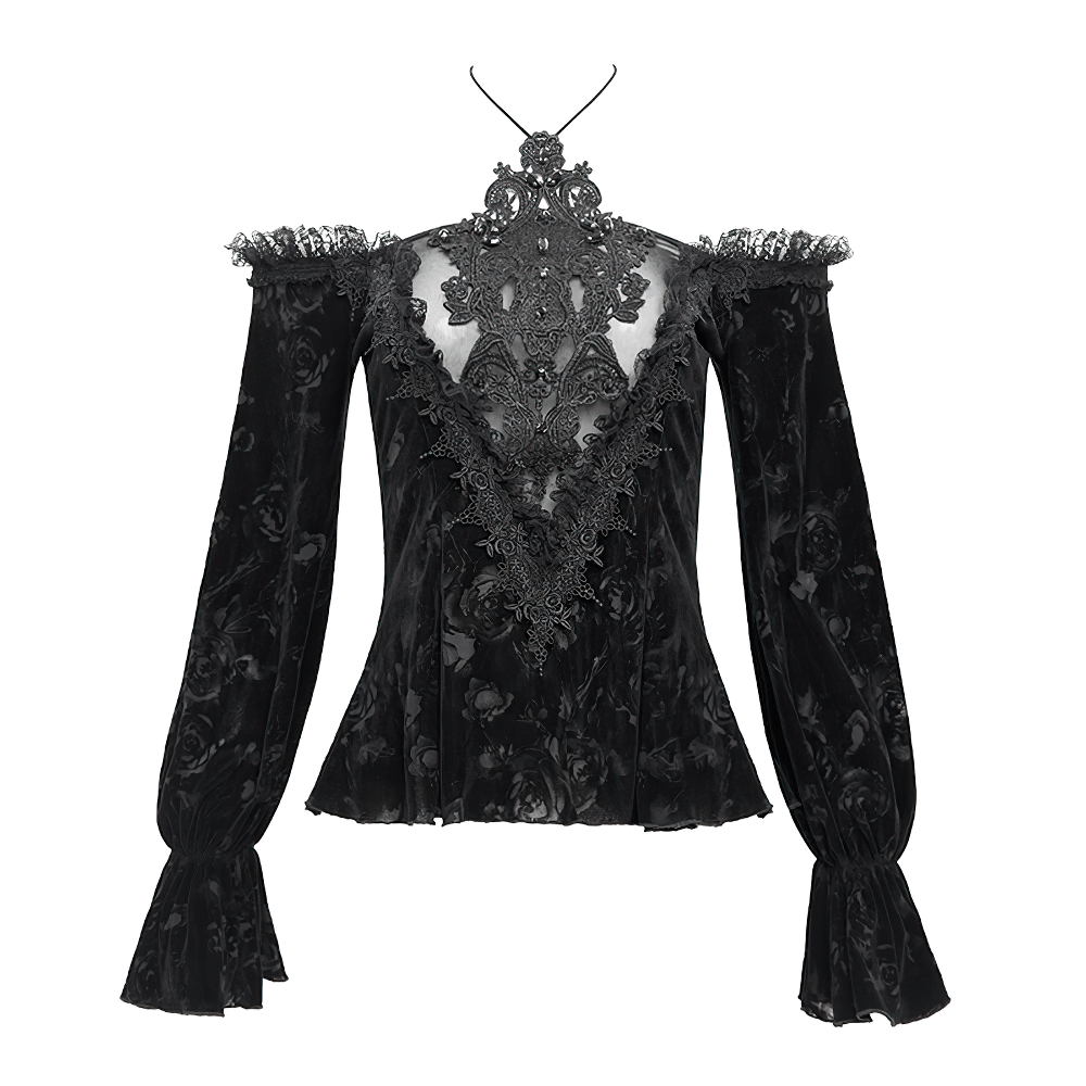 Elegant black gothic off-shoulder top with lace, mesh, and floral details, perfect for alternative fashion.