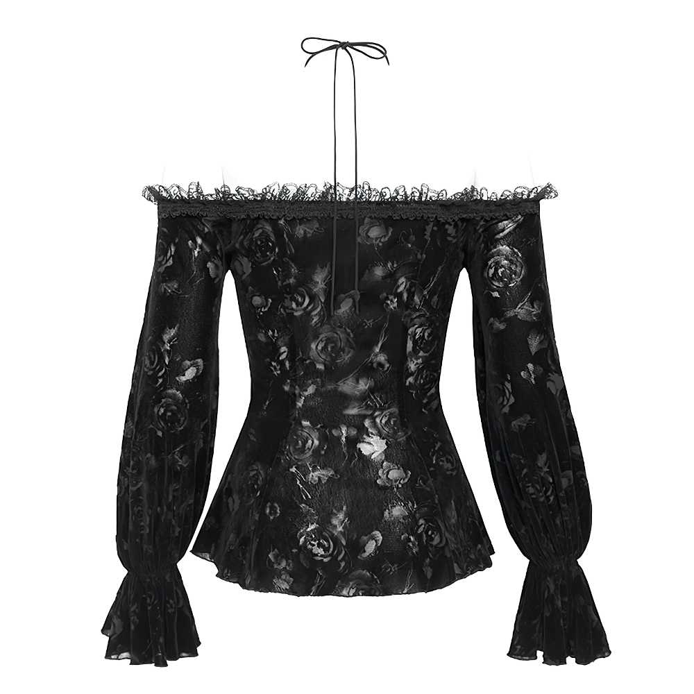 Gothic Lace Off-Shoulder Top with Mesh and Floral Details