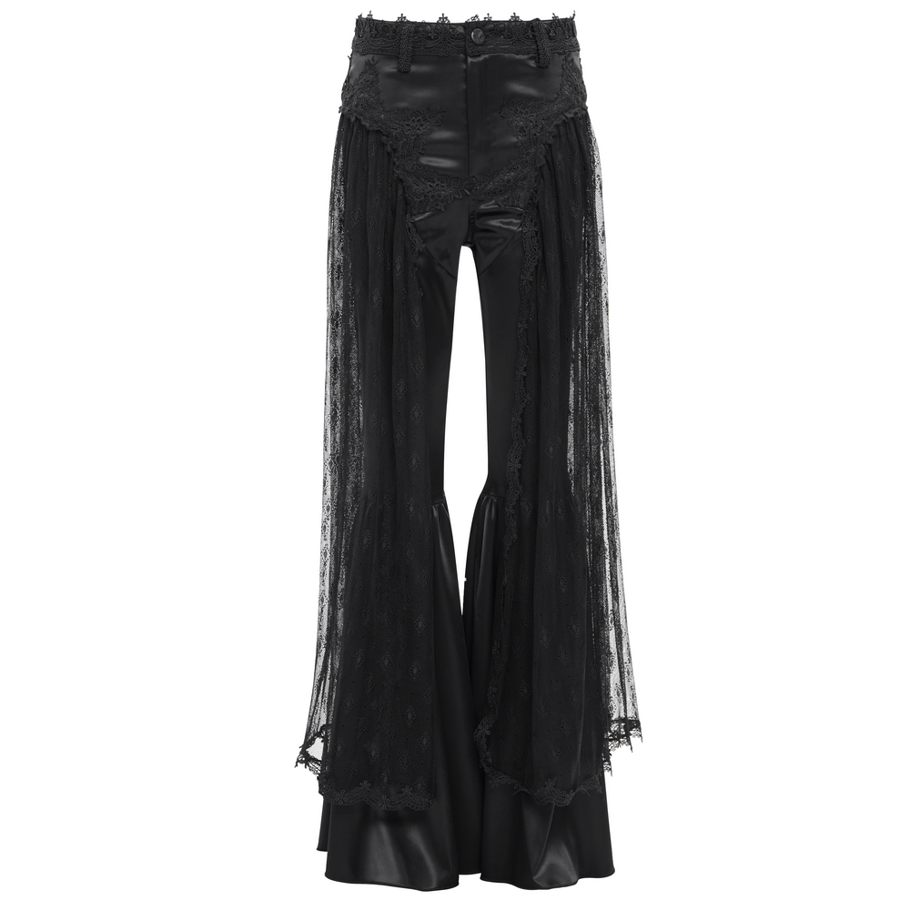 Dramatic Gothic lace overlay bell-bottom pants with satin accents, ideal for alternative fashion and themed events.