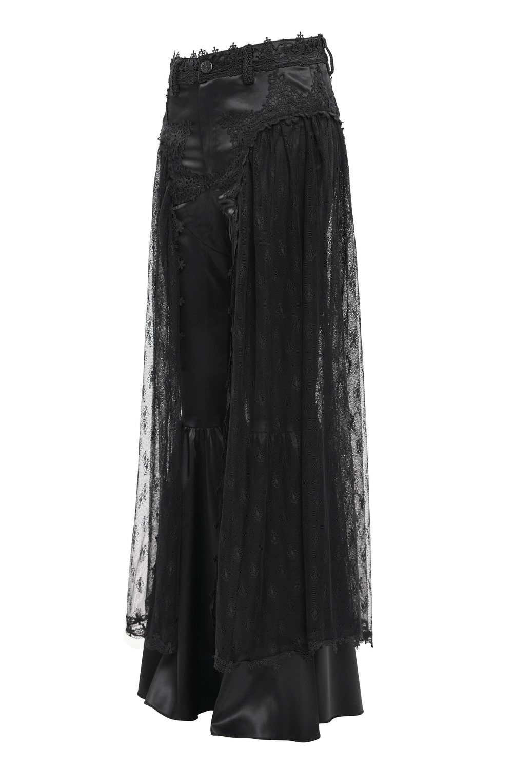 Gothic lace overlay bell-bottom pants with satin accents for dramatic alternative fashion. Perfect for bold statements.