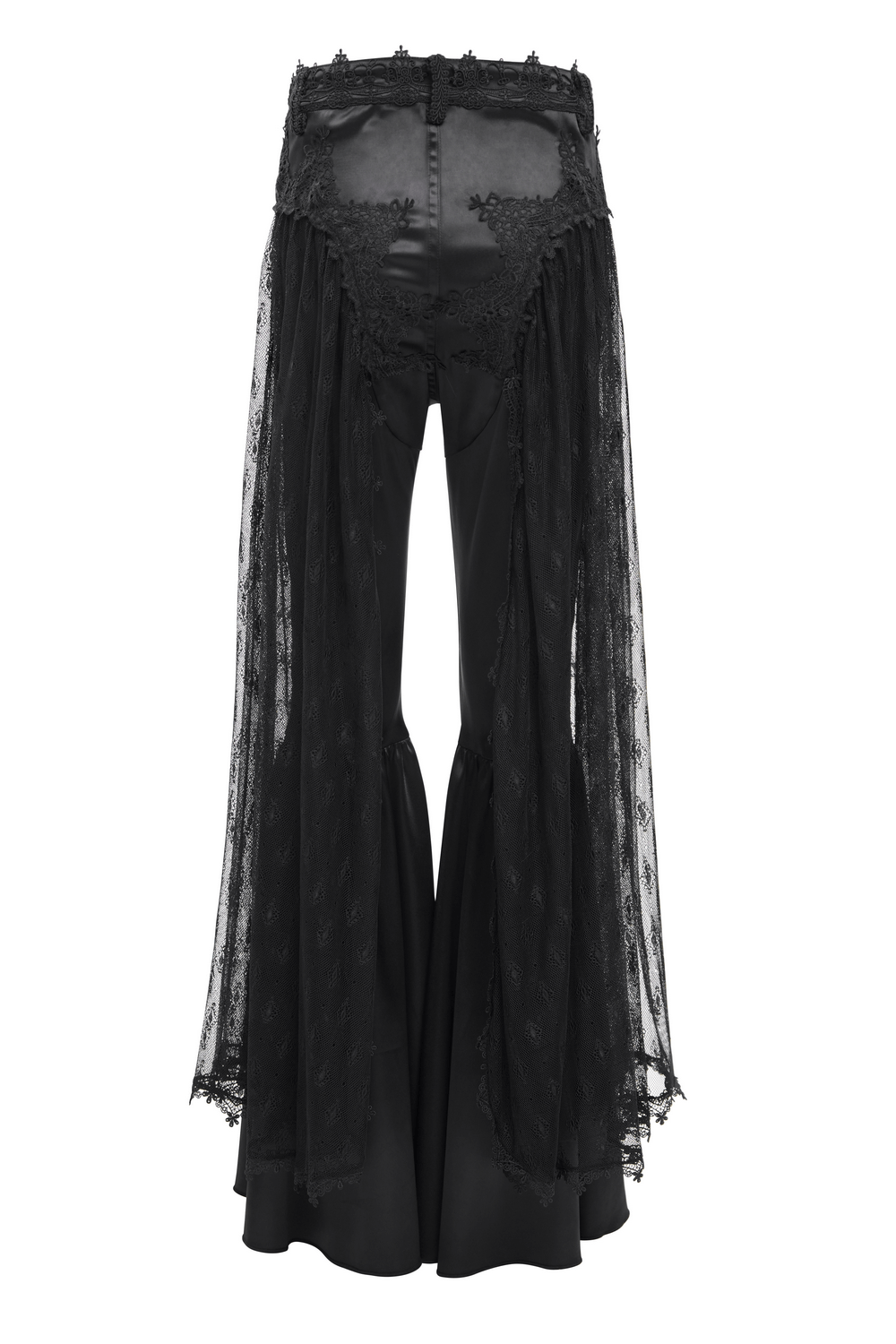 Dramatic Gothic lace overlay bell-bottom pants with satin accents for edgy alternative fashion.