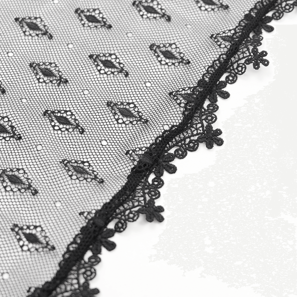 Intricate black lace fabric with floral edges and diamond patterns, perfect for gothic and alternative fashion.