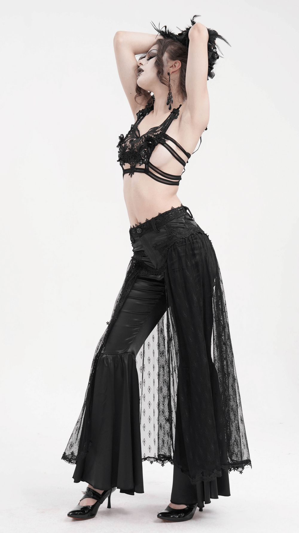 SATIN BELL BOTTOM PANTS BLACK Gothic Lace Overlay Bell SATIN BELL BOTTOM PANTS BLACK Gothic Lace Overlay Bell