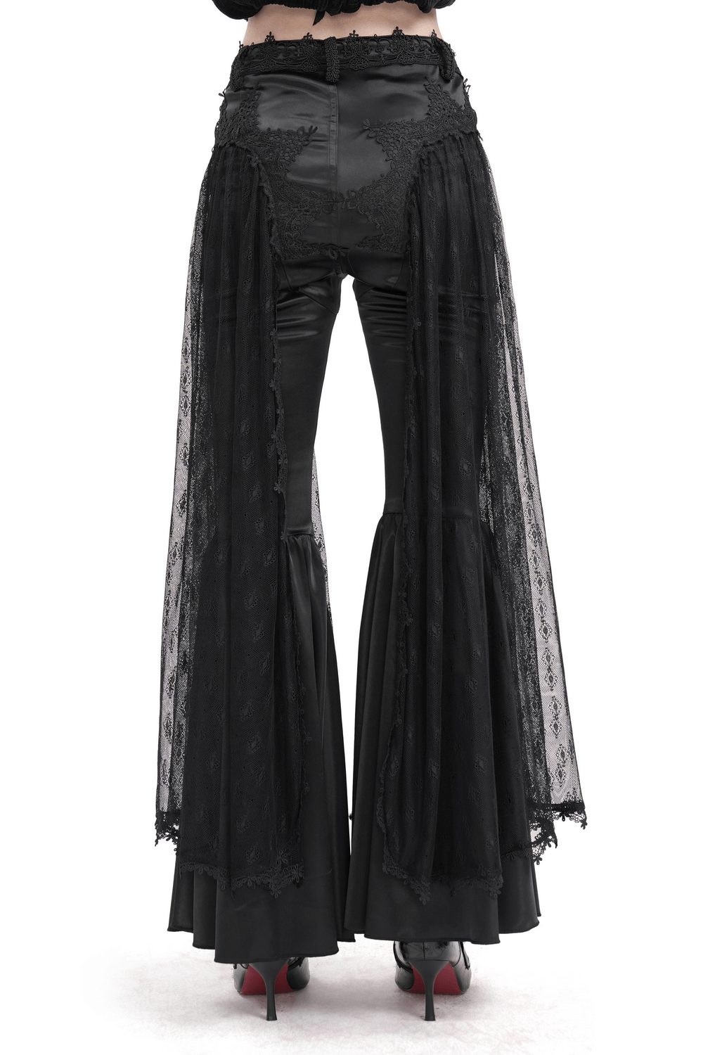 Gothic lace overlay bell-bottom pants with satin accents, showcasing dramatic flared design and intricate lace detailing.