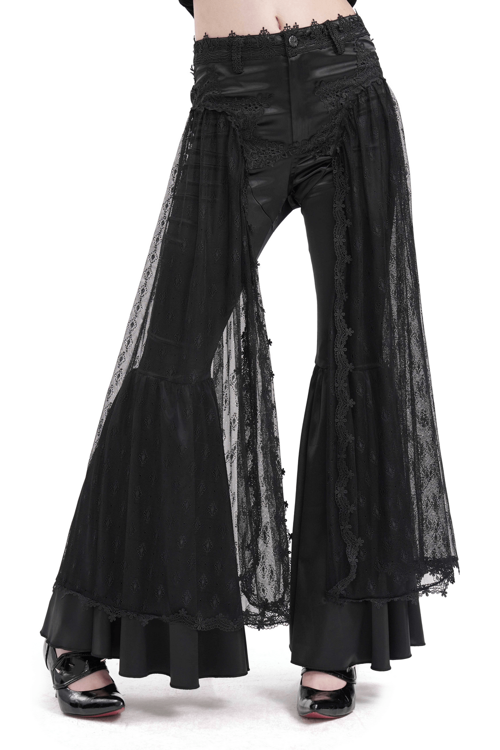 Gothic lace overlay bell-bottom pants with satin accents, ideal for alternative fashion and bold streetwear styles.