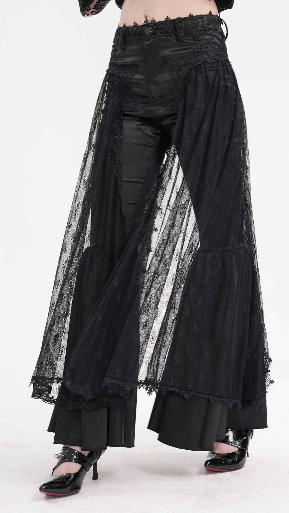 Gothic lace overlay bell-bottom pants with satin accents, perfect for alternative fashion and bold, edgy looks.