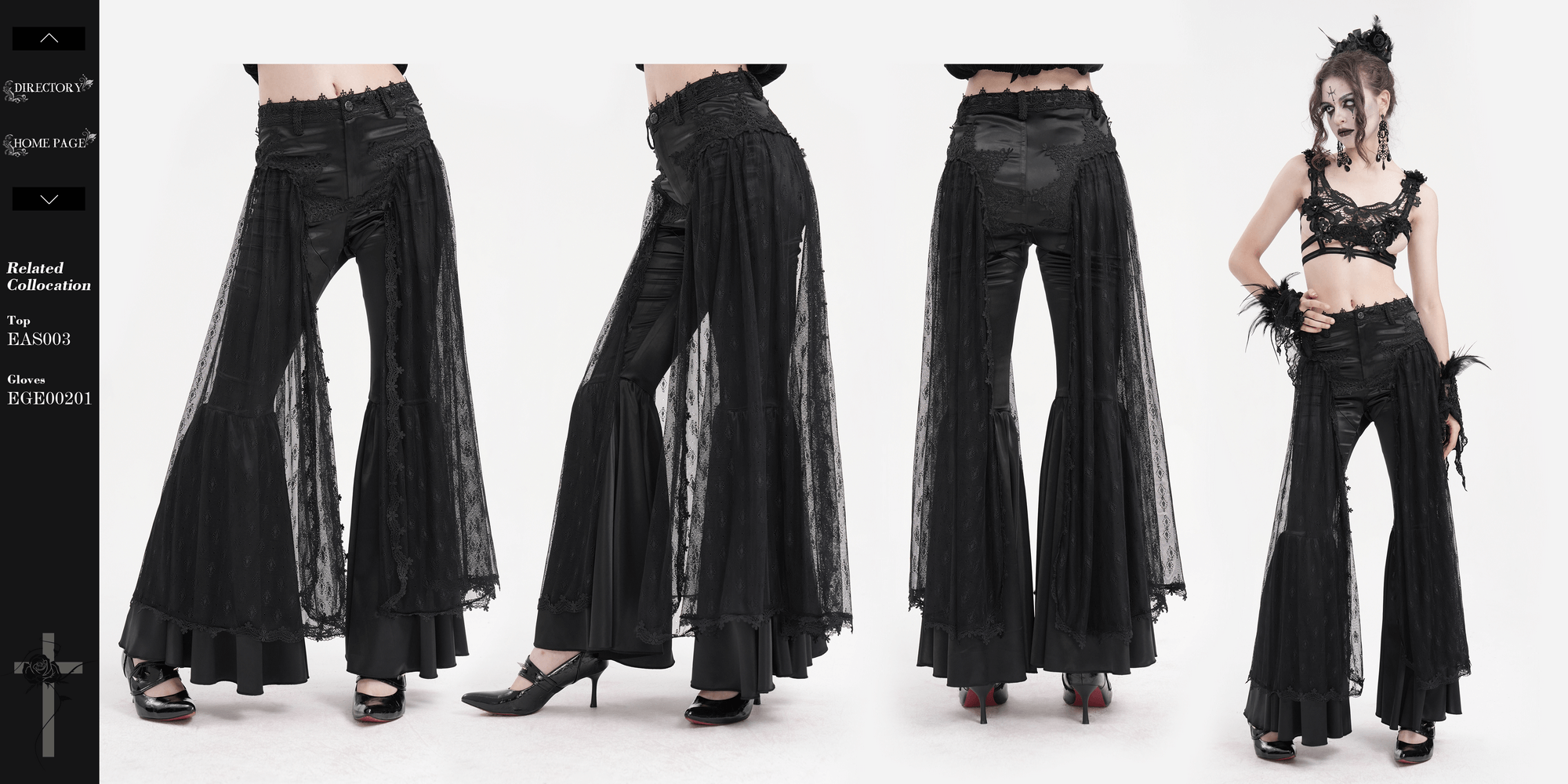 Flared gothic lace overlay pants with satin accents, perfect for alternative fashion and themed events.