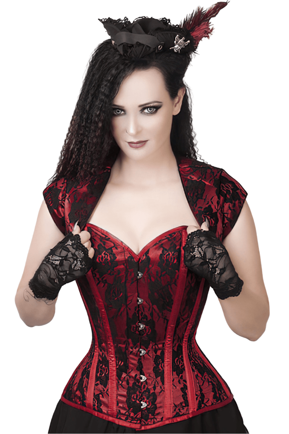 Gothic lace corset with bolero, featuring red and black design, perfect for Victorian and steampunk styles.