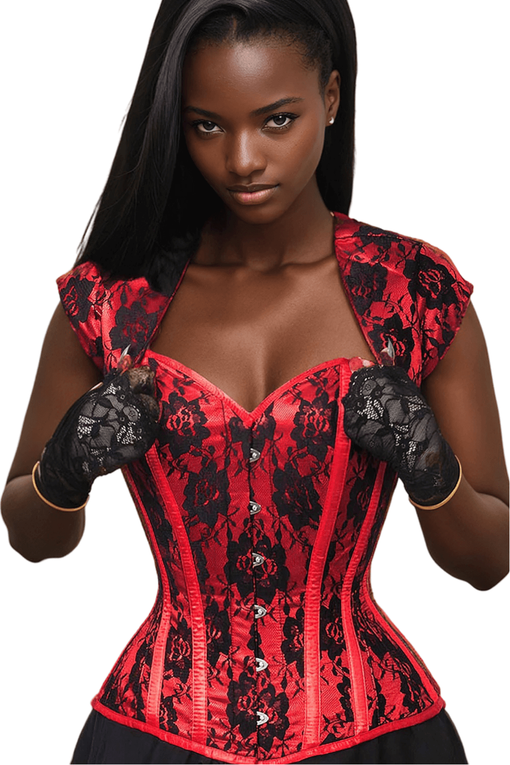 Gothic lace overlay corset in red and black, featuring a bolero, ideal for Victorian or steampunk styles.