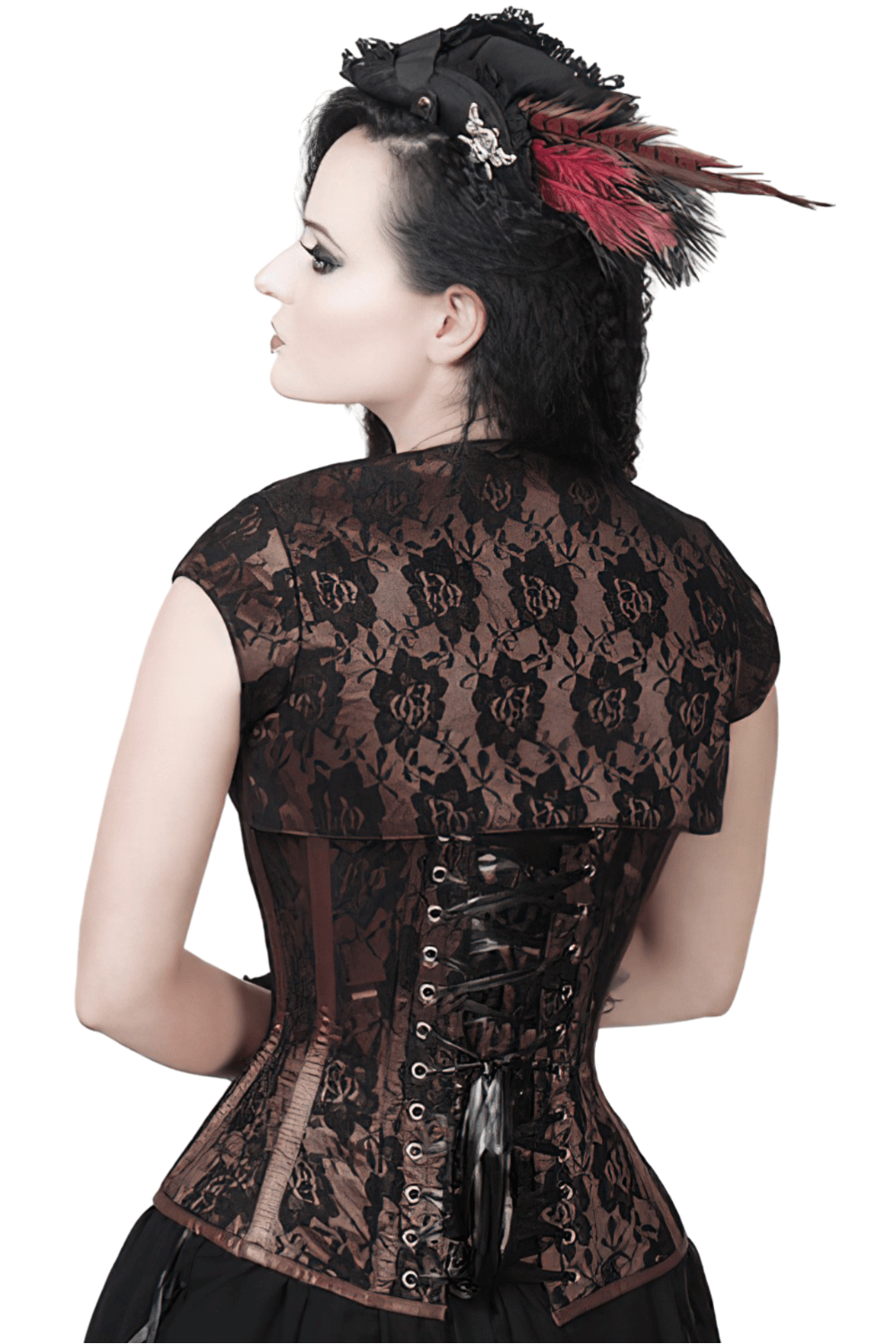 Gothic lace overlay corset with bolero, featuring elegant back lacing for a flattering silhouette.