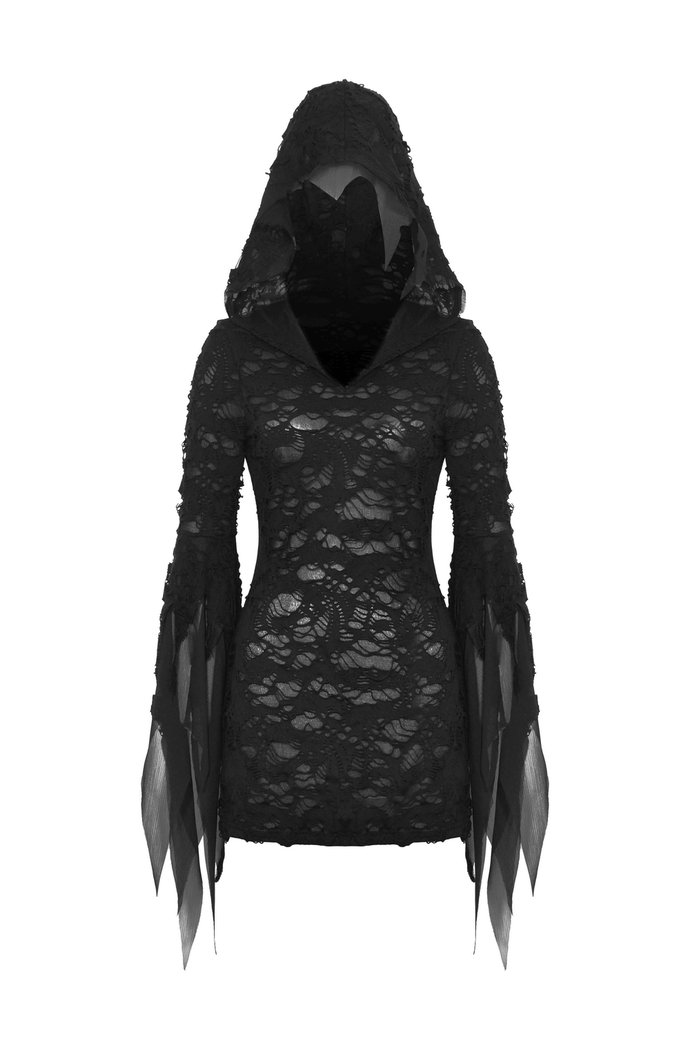 Gothic lace ripped hoodie with flowing sleeves and hood for women, perfect for a bold statement look.
