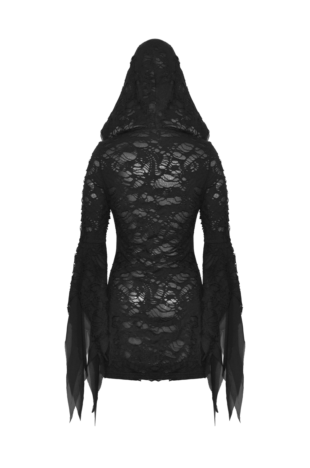 Back view of a sheer black gothic lace ripped hoodie with flowing sleeves and hood for women.