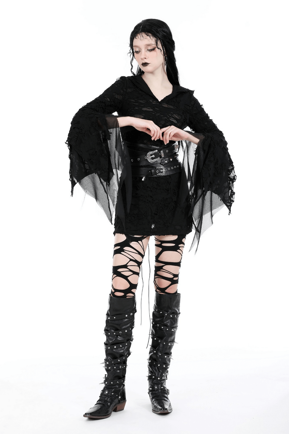 Gothic lace ripped hoodie for women, featuring flowing sleeves and edgy lace detailing for a bold fashion statement.