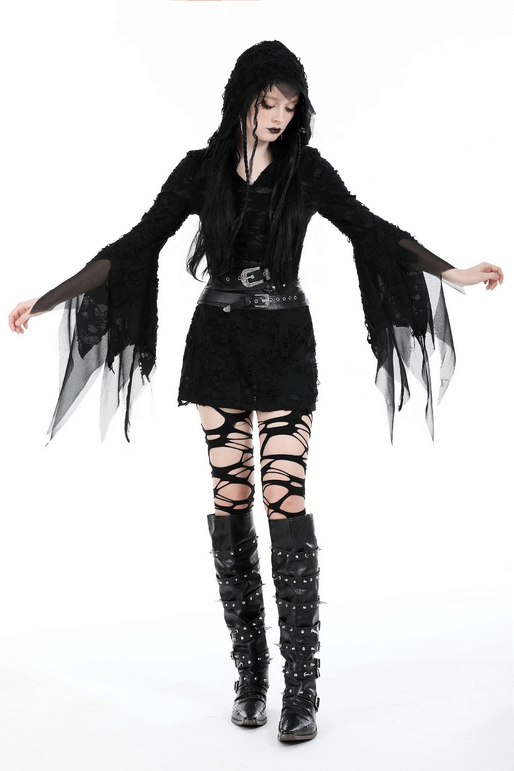 Gothic Lace Ripped Hoodie with Flowing Sleeves