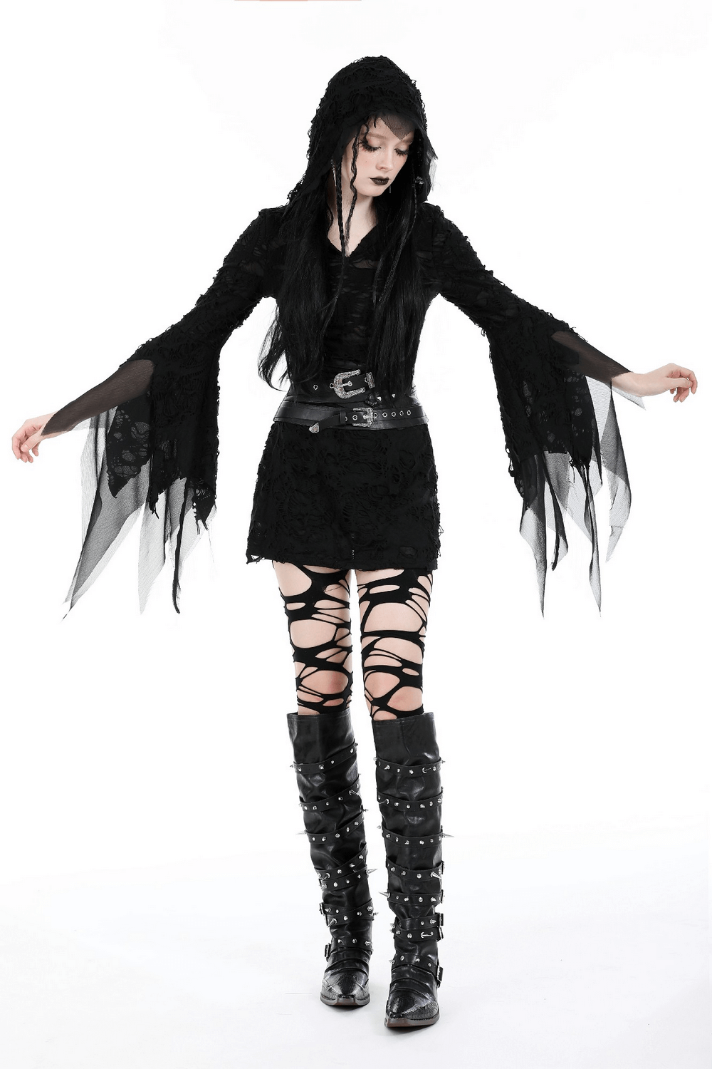 Gothic lace ripped hoodie with flowing sleeves, showcased on model with black boots and striking hood.