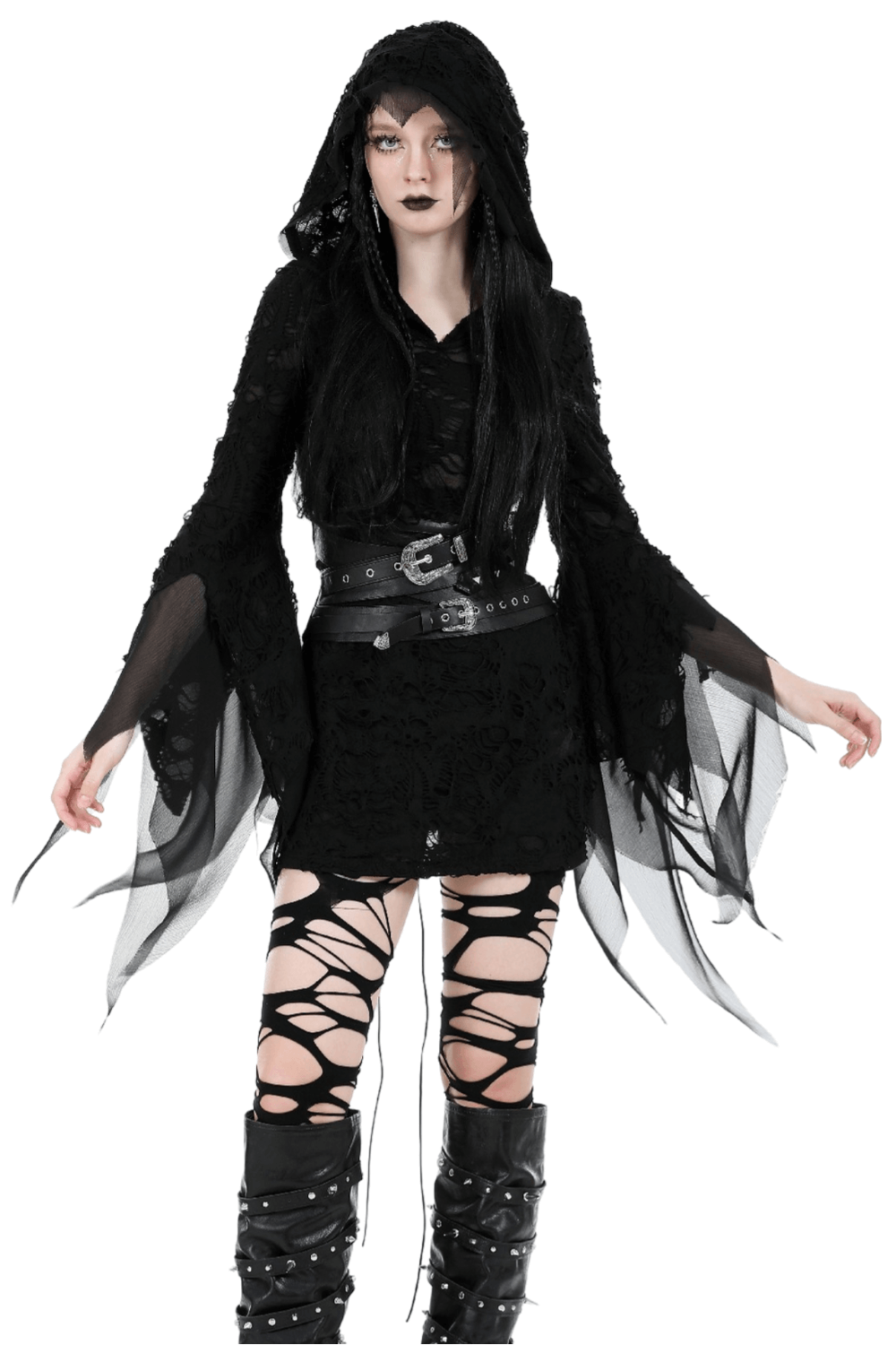 Gothic lace ripped hoodie with flowing sleeves, sheer black hoodie for women, edgy fashion statement.