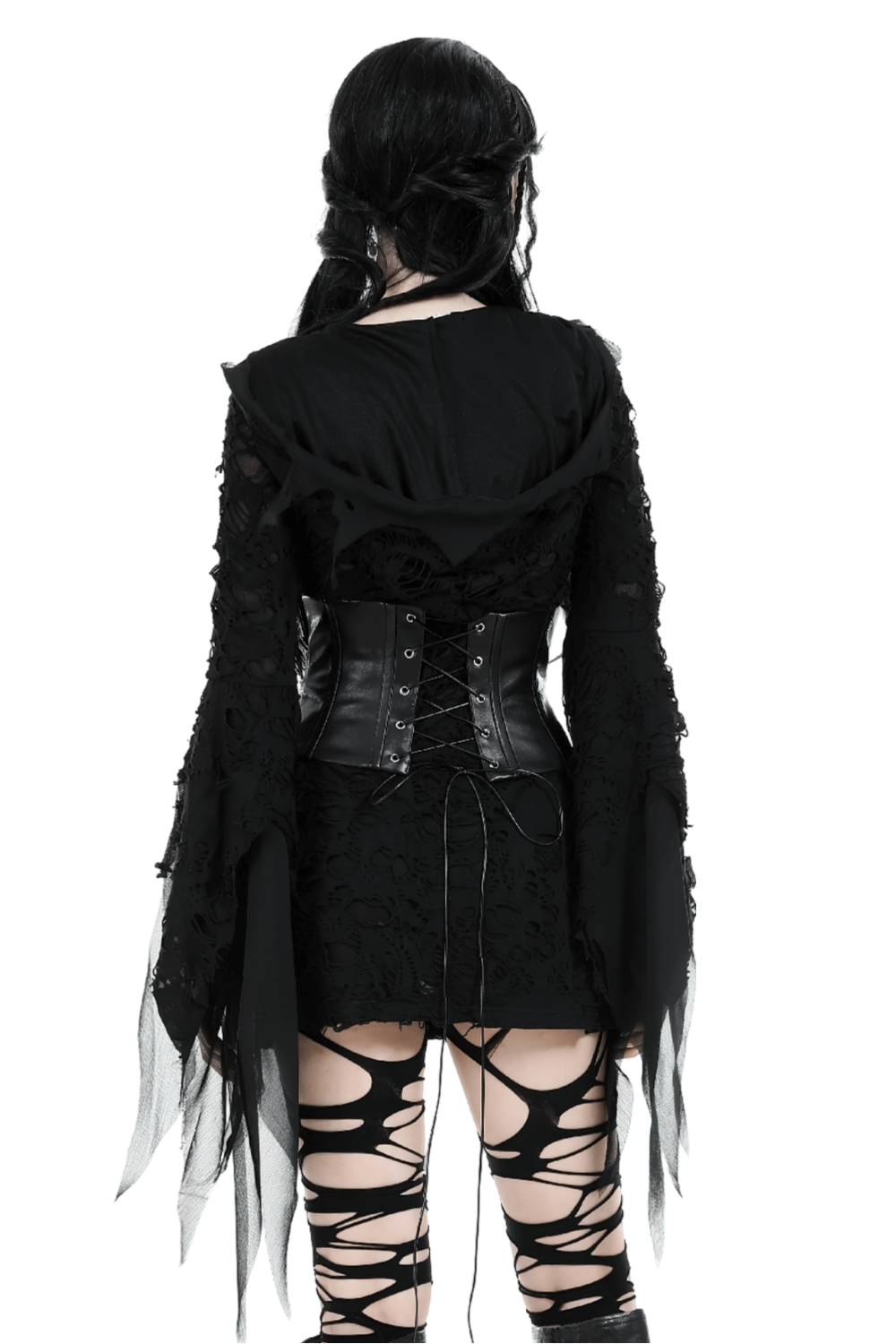 Back view of gothic lace ripped hoodie with flowing sleeves and corset, perfect for a striking dark fashion statement.