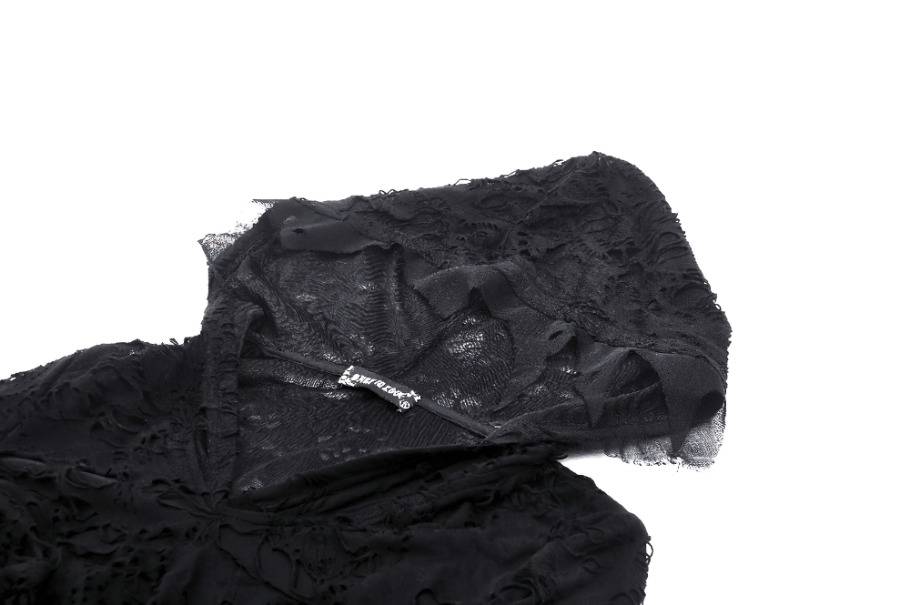 Gothic lace ripped hoodie with flowing sleeves and hood, showcasing intricate black detailing.