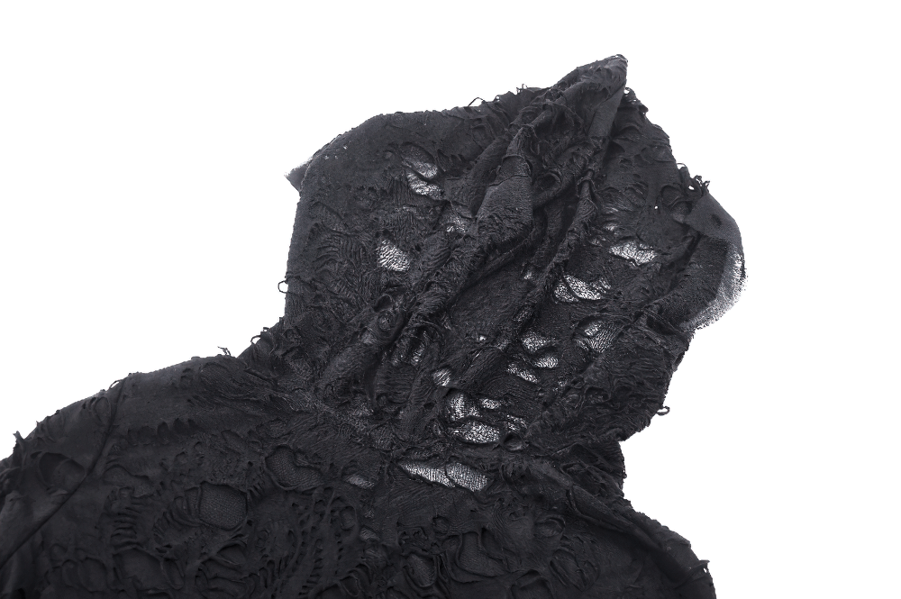 Back view of a black gothic lace ripped hoodie with a hood, showcasing intricate lace detailing.