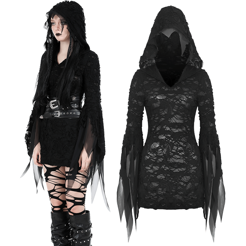 Gothic lace ripped hoodie with flowing sleeves for women, featuring a hood and belt accessories in sheer black.