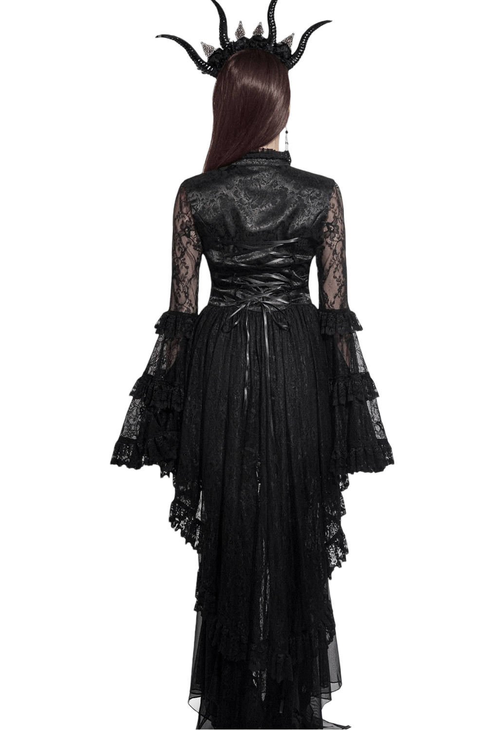 Back view of gothic lace ruffle bell sleeve cape with heart cutout, featuring intricate lace and a stylish silhouette.