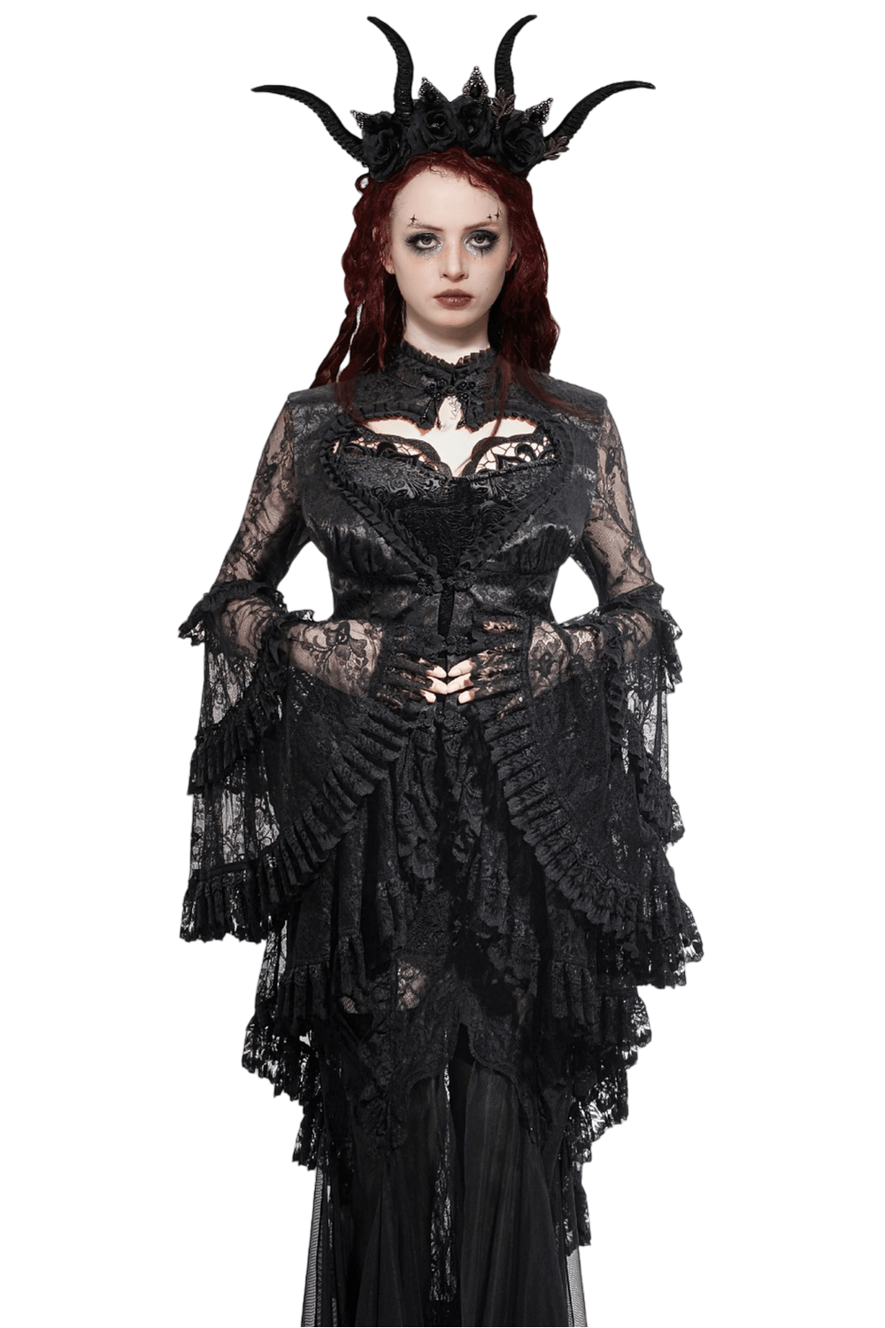 Elegant gothic lace ruffle bell sleeve cape with heart cutout, perfect for alternative fashion and dramatic events.