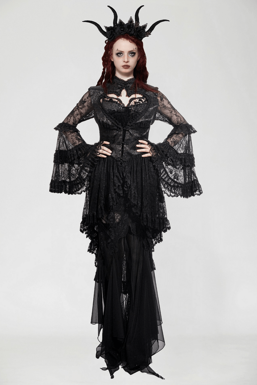 Gothic lace ruffle bell sleeve cape with heart cutout, elegant black design for alternative fashion.