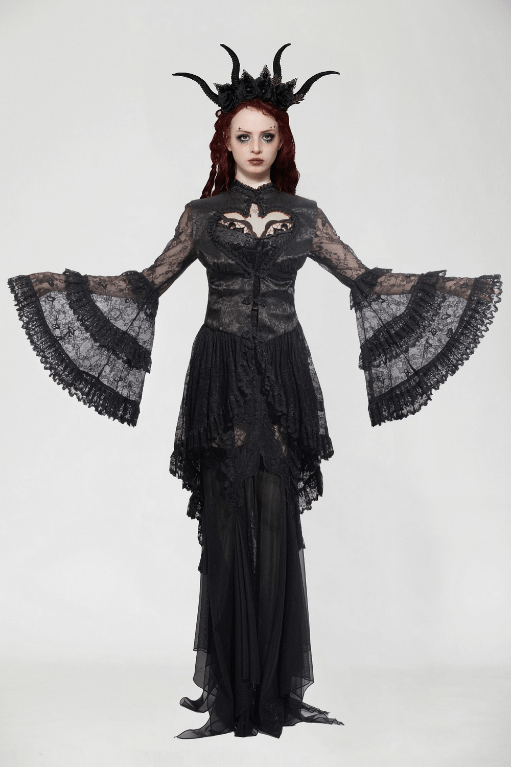 Gothic lace cape with ruffled bell sleeves and heart cutout, perfect for alternative fashion and dramatic style.