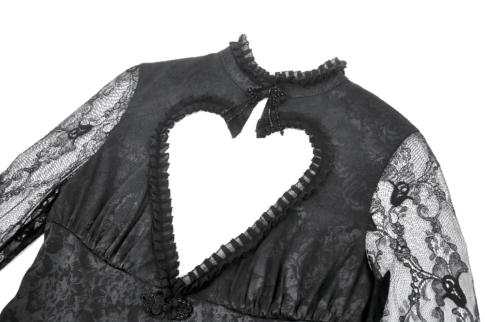 Elegant gothic lace cape featuring heart cutout and ruffled bell sleeves, ideal for alternative fashion.