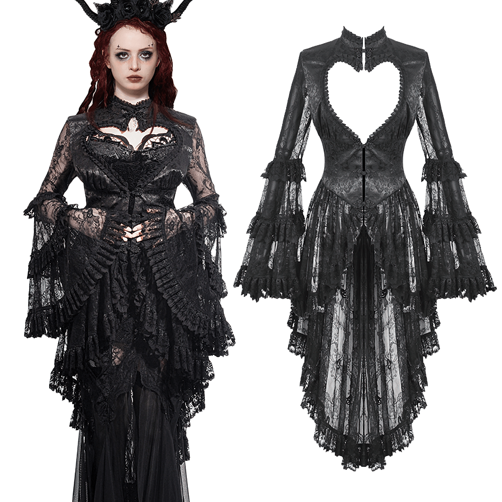 Gothic lace ruffle cape with heart cutout, featuring dramatic bell sleeves and intricate detailing, perfect for alternative fashion.