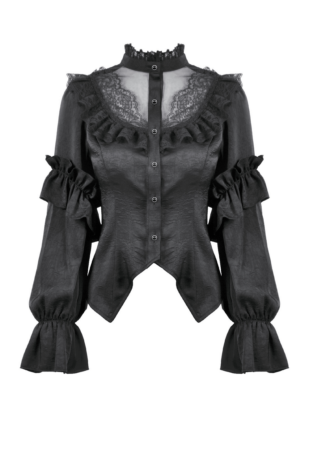 Gothic Lace Ruffle Black Blouse with Button Closure featuring dramatic ruffles and lace accents.
