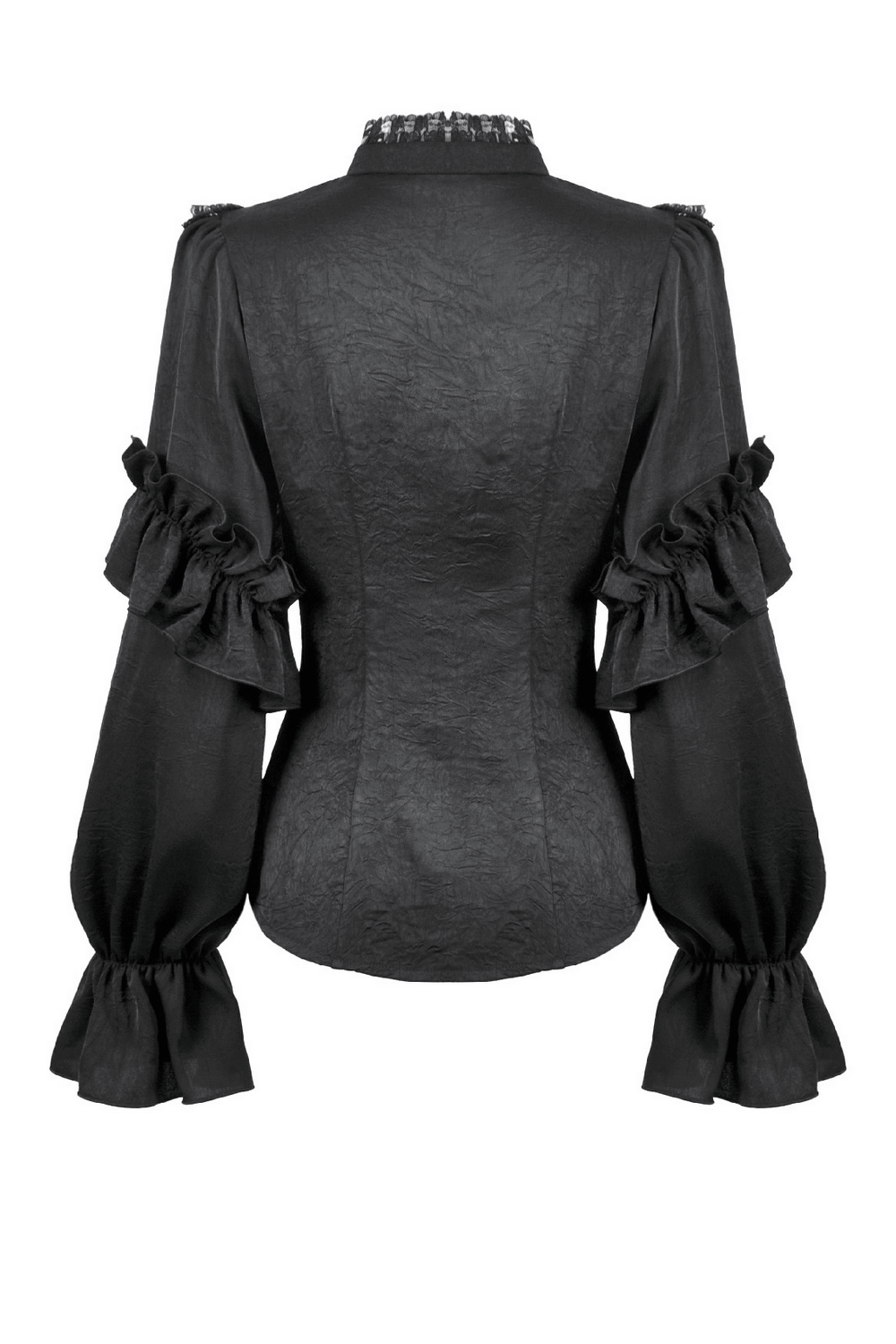 Gothic Lace Ruffle Black Blouse with Button Closure showcasing dramatic ruffles and elegant lace detail from the back.