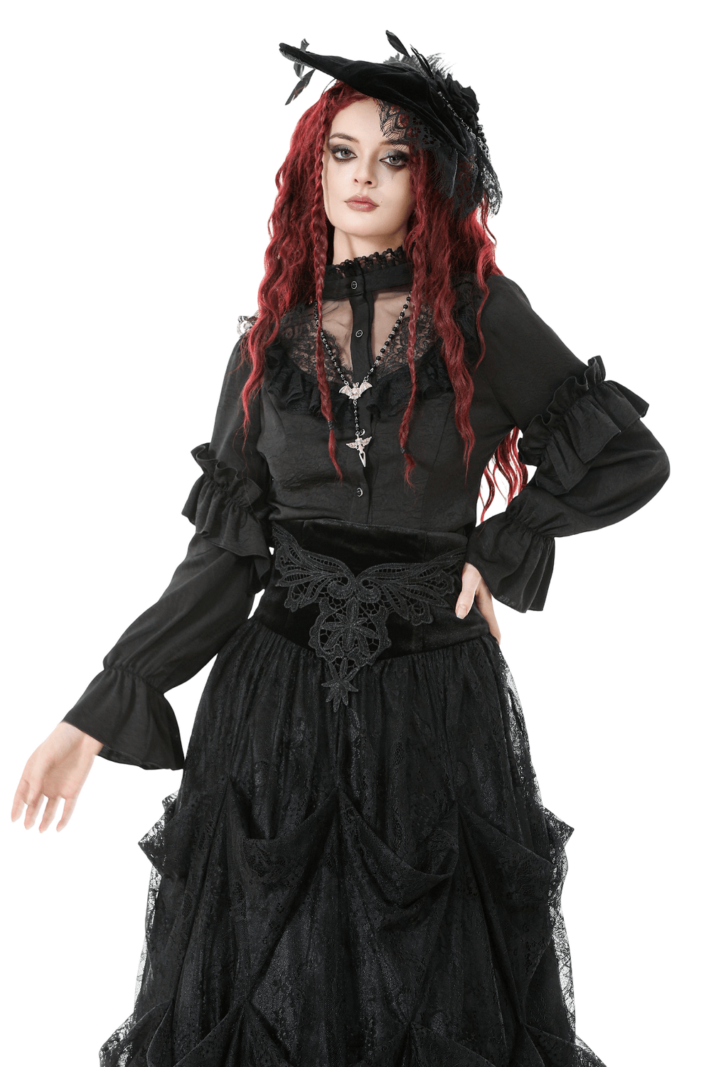 Gothic Lace Ruffle Black Blouse with Button Closure worn with a dramatic black skirt and stylish hat.