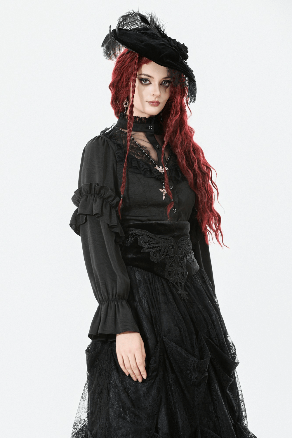 Gothic Lace Ruffle Black Blouse with Button Closure worn by a model with dramatic red hair and a stylish hat.
