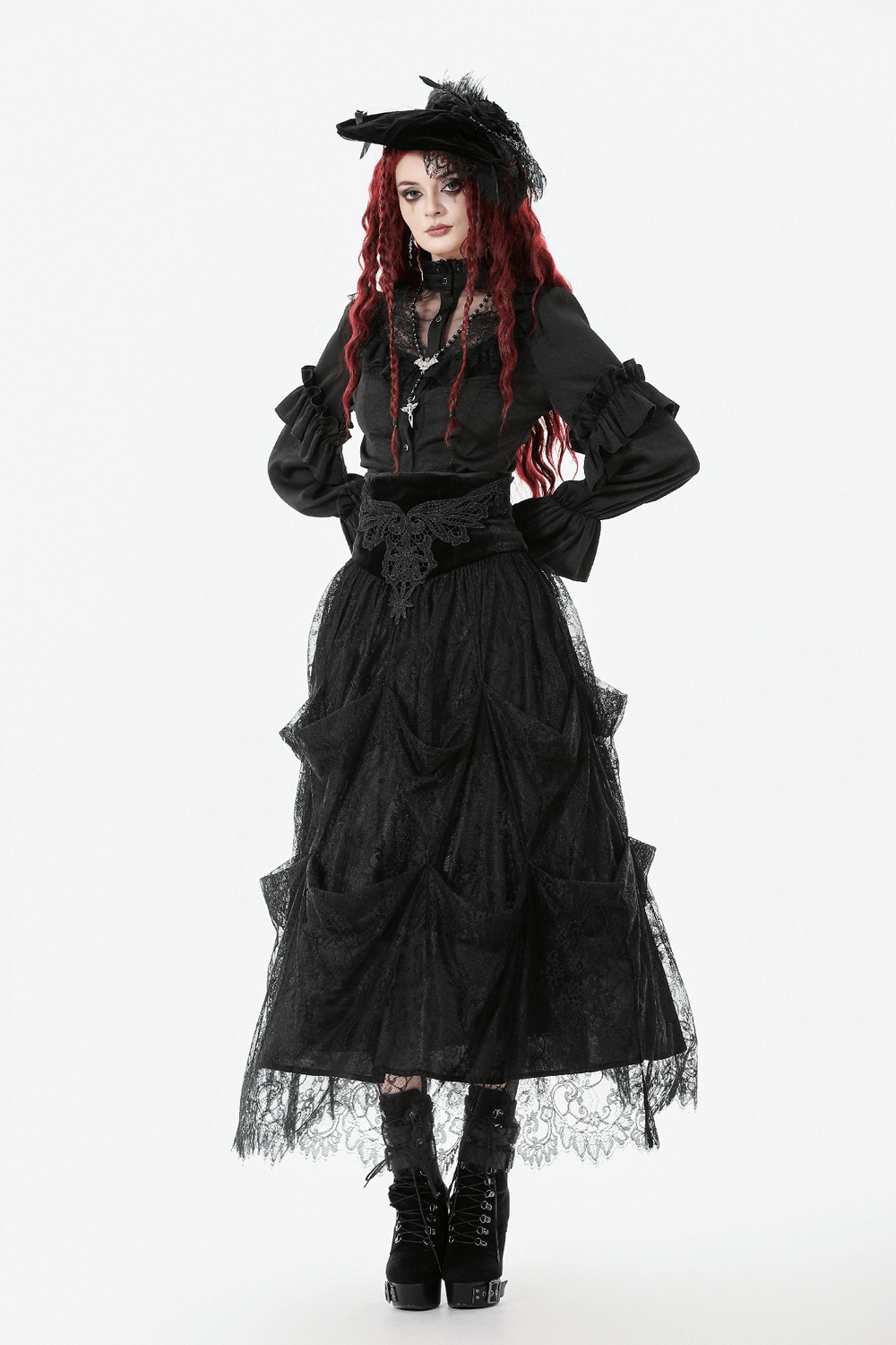 Gothic Lace Ruffle Black Blouse with Button Closure worn by a model in a dramatic gothic ensemble.
