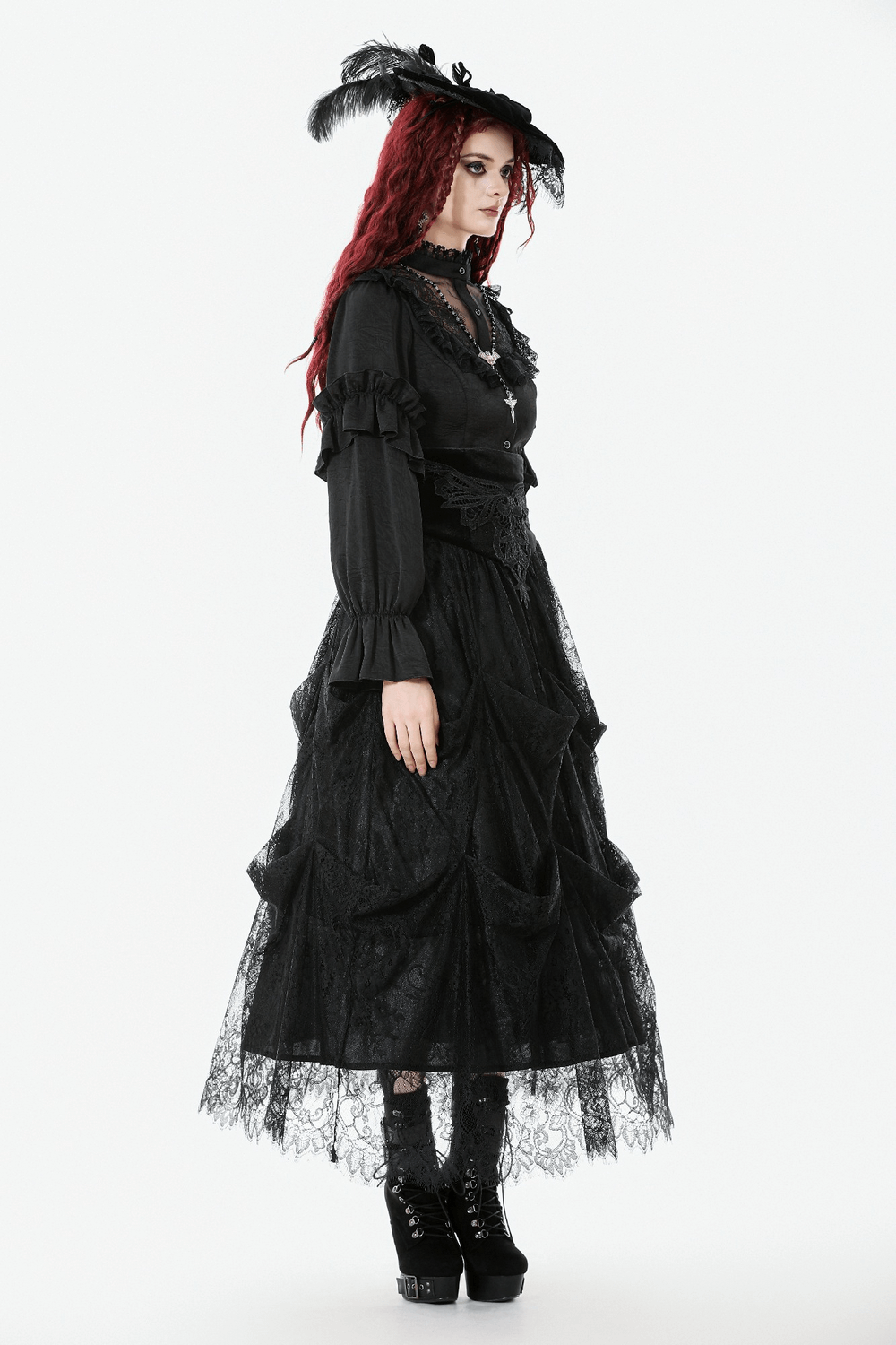 Gothic Lace Ruffle Black Blouse with Button Closure worn with a dramatic lace skirt and stylish accessories.