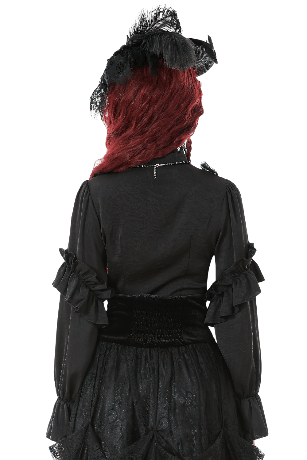 Gothic Lace Ruffle Black Blouse with Button Closure showcased from the back, highlighting ruffled sleeves and lace detail.