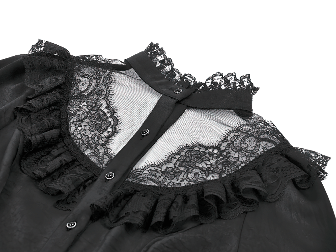 Gothic Lace Ruffle Black Blouse with Button Closure featuring elegant lace and ruffled accents for a striking gothic look.