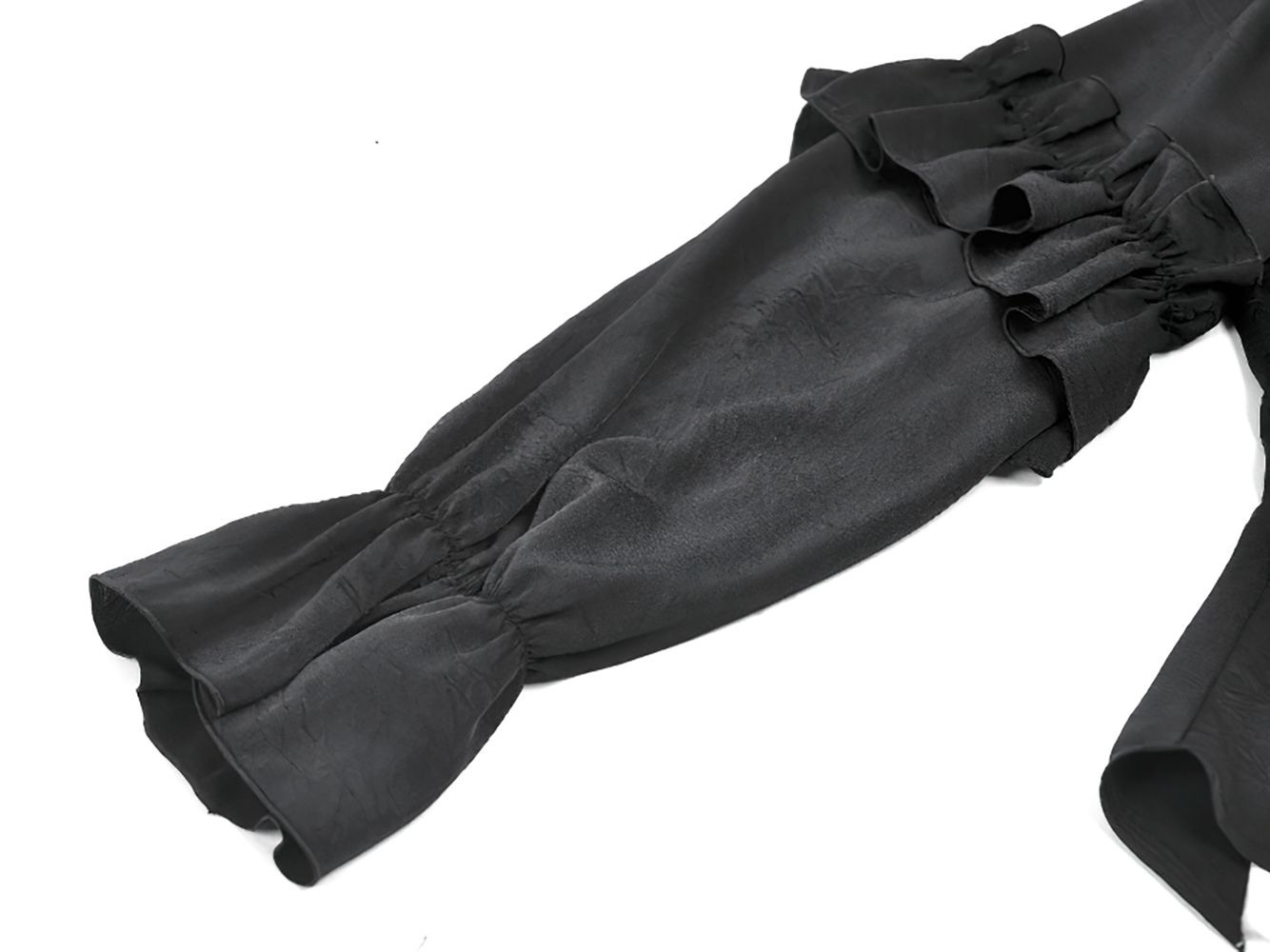 Gothic Lace Ruffle Black Blouse with Button Closure, showcasing ruffled sleeves and elegant black fabric.