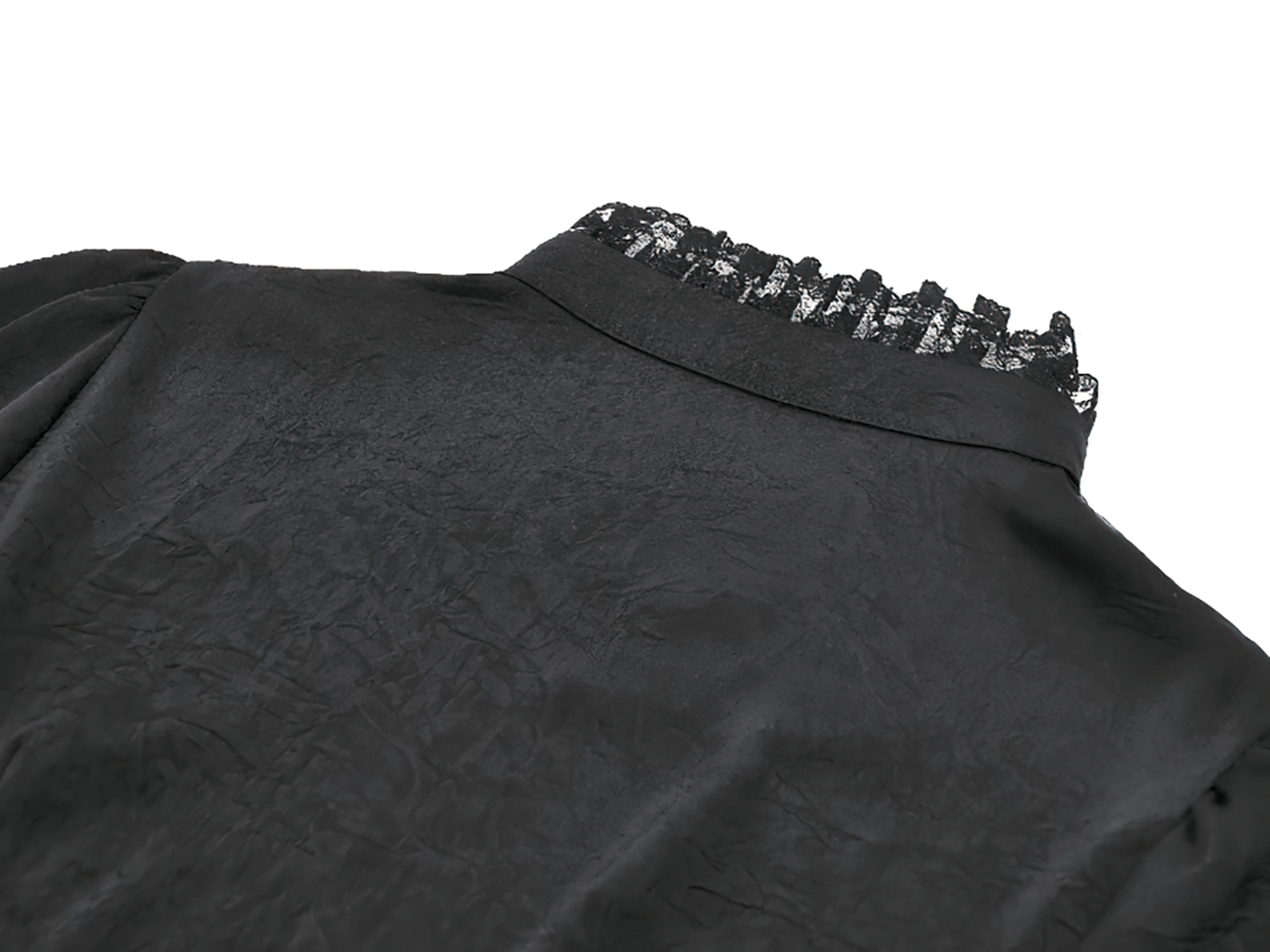 Gothic Lace Ruffle Black Blouse with Button Closure showcasing the lace-trimmed high neckline and ruffled back detailing.