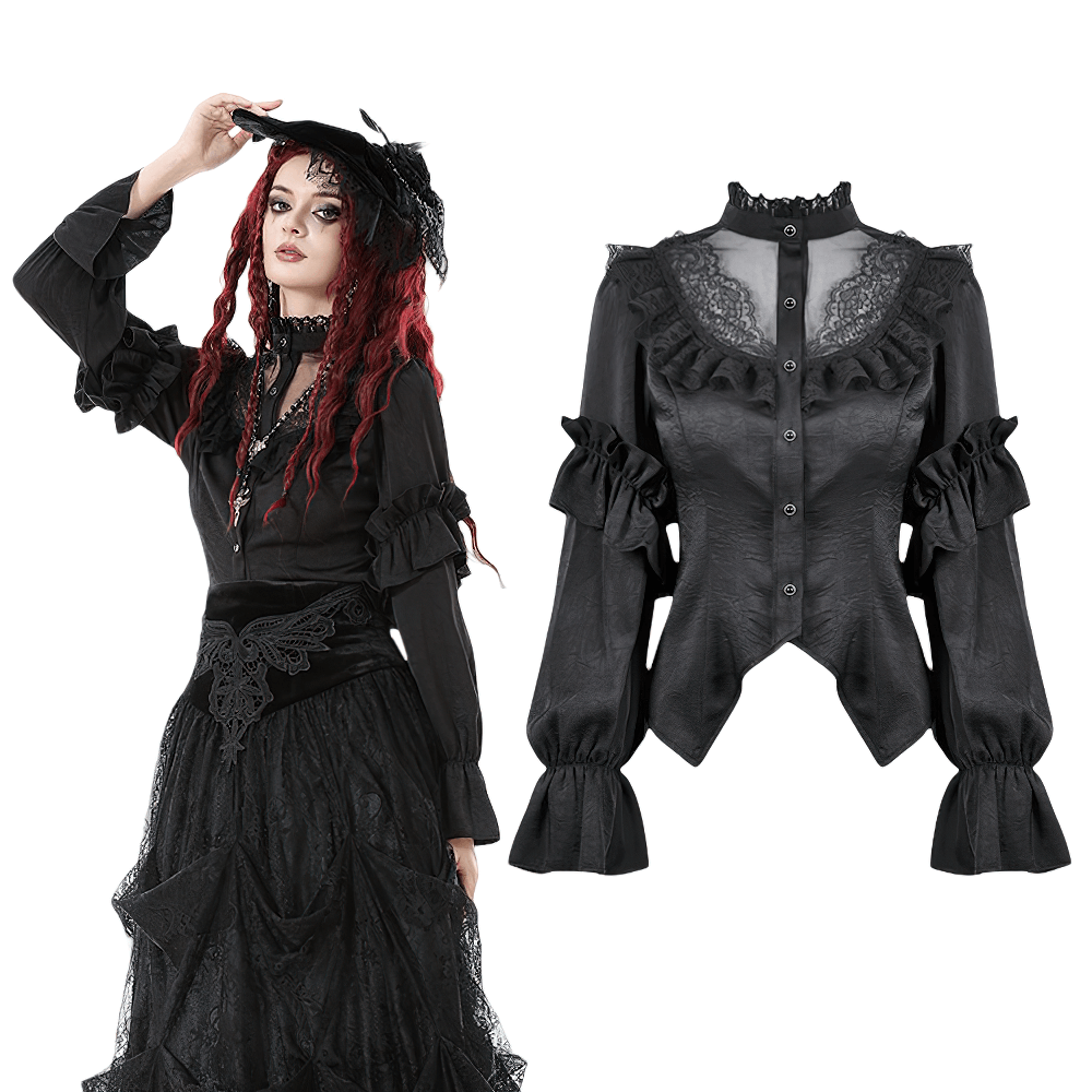 Gothic Lace Ruffle Black Blouse with Button Closure showcasing ruffled sleeves and lace detailing for a striking gothic look.