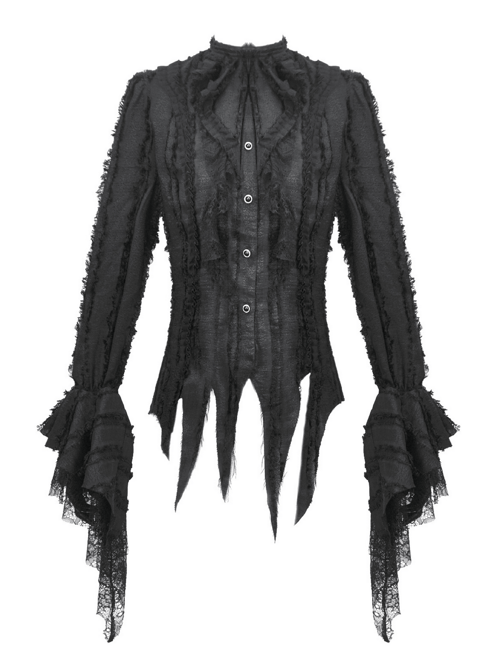 Gothic Lace Ruffle Long Sleeve Shirt with Button Closure featuring intricate lace and ruffles.