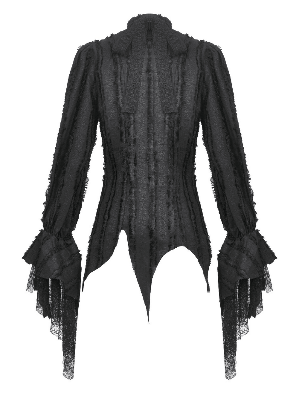 Gothic Lace Ruffle Long Sleeve Shirt with Button Closure featuring intricate lace and ruffle details.