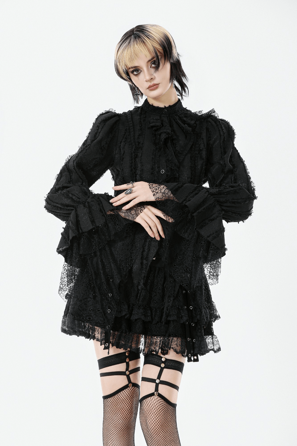 Gothic Lace Ruffle Long Sleeve Shirt with Button Closure styled model showcasing Victorian elegance and modern gothic fashion.